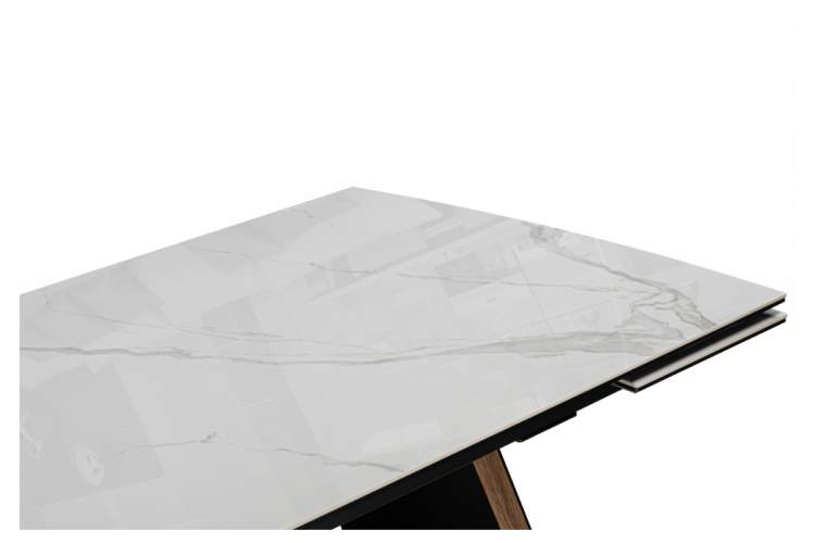 Керамический стол Симмонс 180(260)x90 statuario titan gloss / черный / орех дуб монтана-13