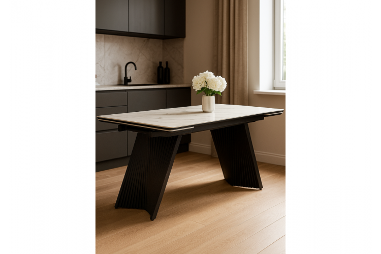 Керамический стол Вейв 160(220)х89 белый с прожилками gilt white / черный-1