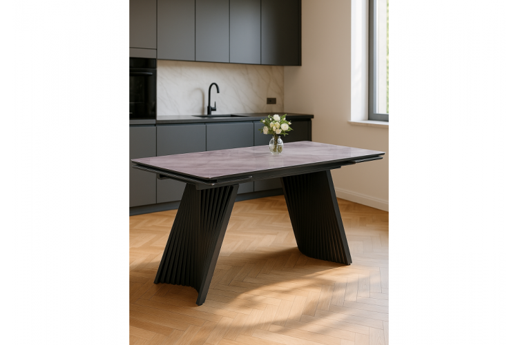 Стол стеклянный Вейв 140(200)х80 кристл серый мрамор / черный-1