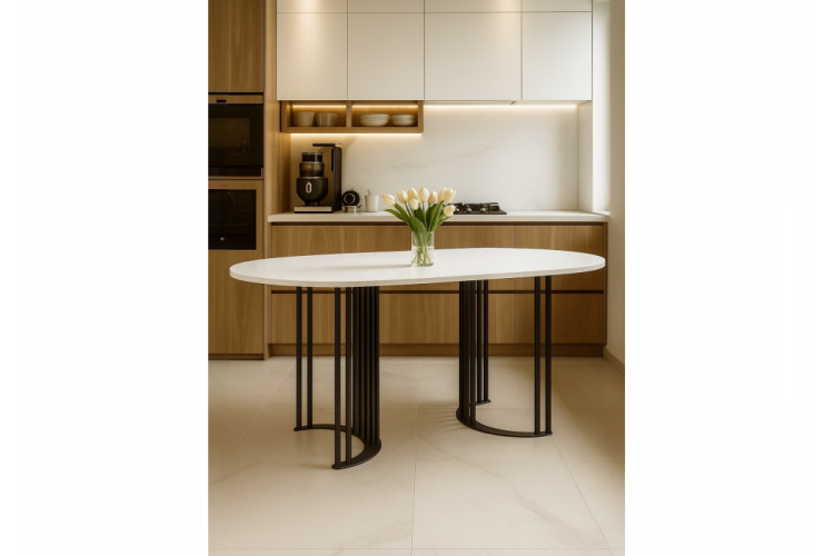 Стол деревянный Хьюго О 160 х 90 белая шагрень пленка / черные ноги-2