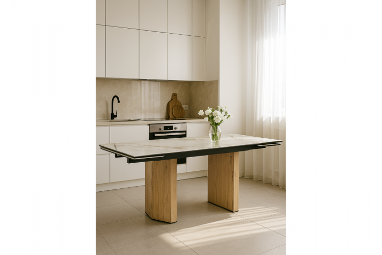 Керамический стол Монерон 180(240)x90 calacatta gold / дуб монтана-1