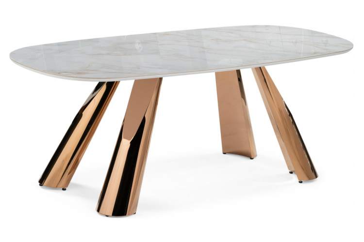Керамический стол Танго 200х90 белый мрамор carla larkin / розовое золото