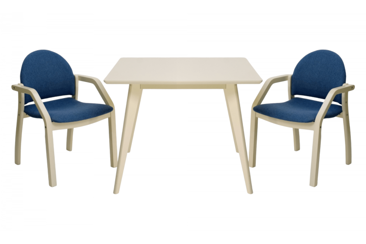 Стол Сканди М 90 слоновая кость со стульями Джуно слоновая кость рогожка синий