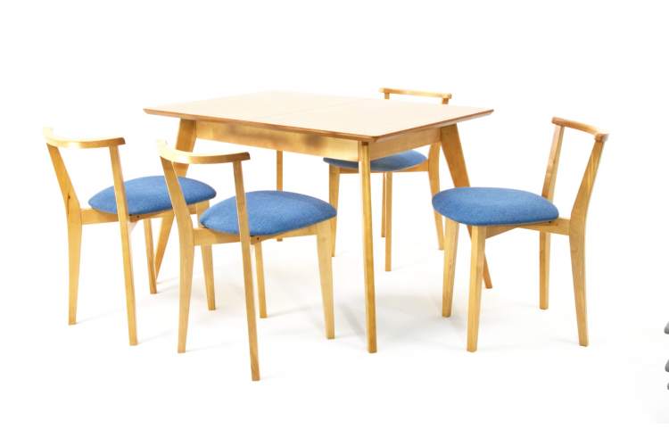 Стол Сканди 120 натур со стульями Франк натур рогожка синий