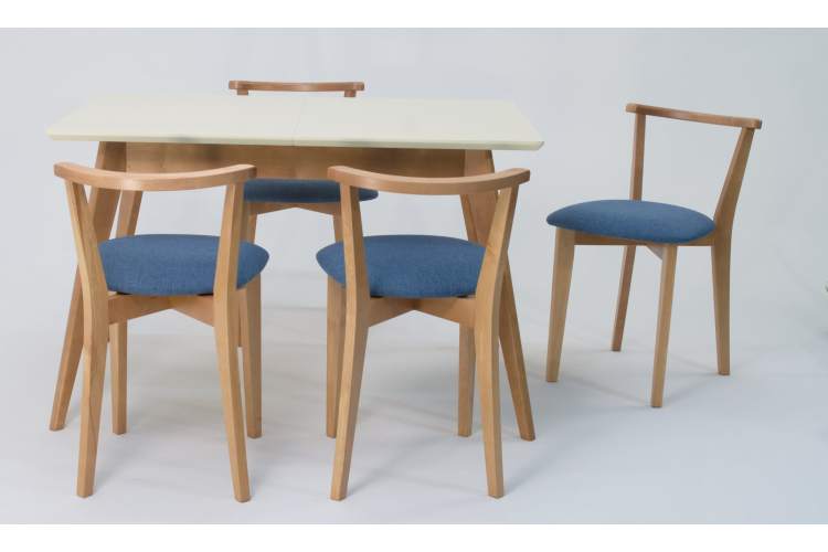 Стол Сканди 120 натур/слоновая кость со стульями Франк натур рогожка синий-3