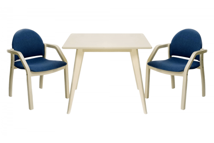 Стол Сканди М 100 слоновая кость со стульями Джуно слоновая кость рогожка синий
