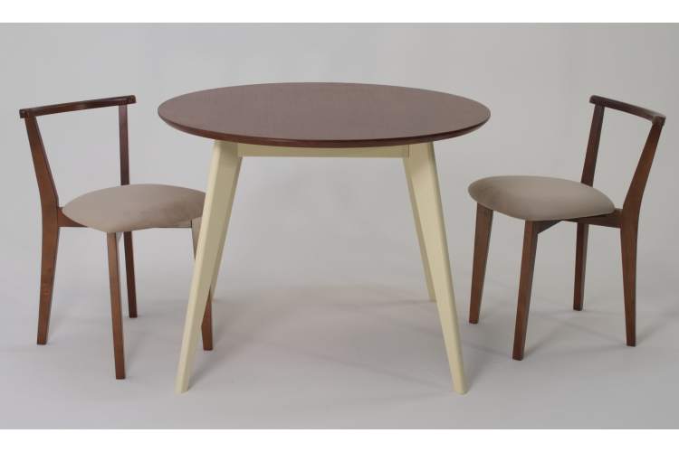 Стол Сканди К 90 слоновая кость/орех со стульями Франк орех велюр бежевый-2