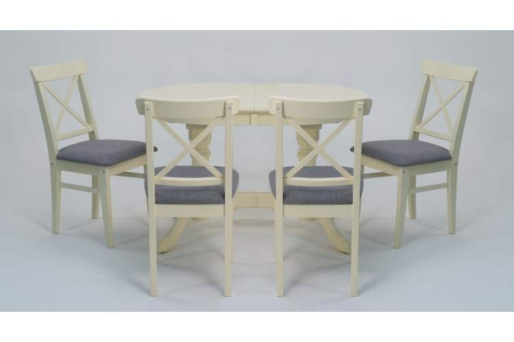 Обеденная группа стол Бизе со стульями Ингольф,слоновая кость, рогожка серый-1