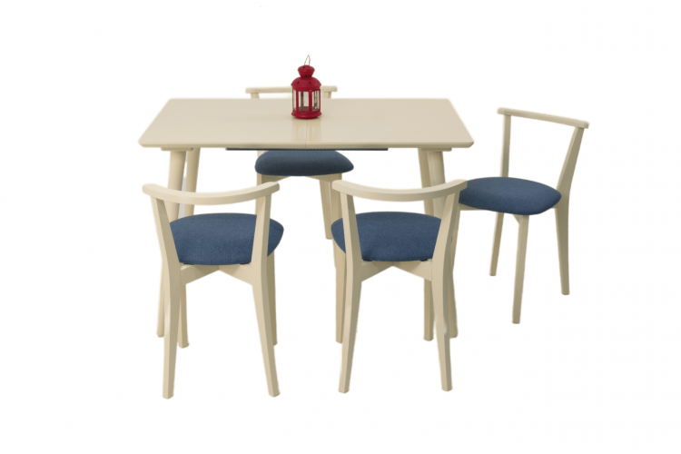 Стол Монте 120 слоновая кость со стульями Франк слоновая кость рогожка синий