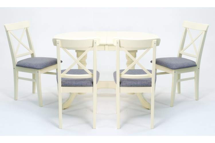 Обеденная группа стол Бизе со стульями Ингольф,слоновая кость, рогожка серый