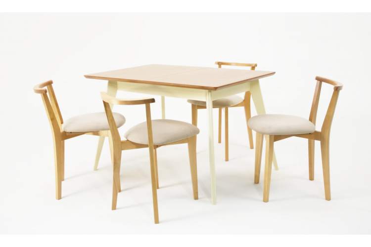 Стол Сканди 120 слоновая кость/натур со стульями Франк натур велюр бежевый