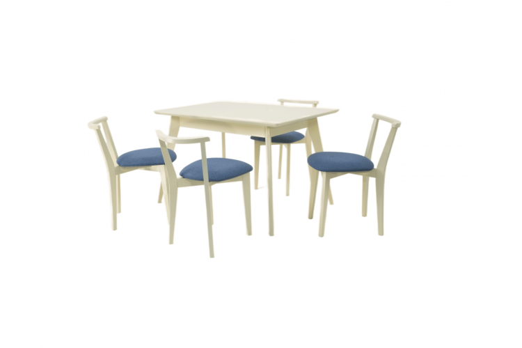 Стол Сканди 120 слоновая кость со стульями Франк слоновая кость рогожка синий