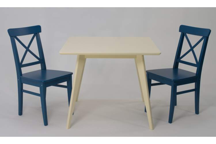 Стол Сканди М 100 слоновая кость со стульями Ингольф синий-2
